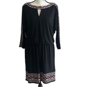 White House Black Market Embroidered Dress M Black Boho 3/4 Sleeve Cold Shoulder
